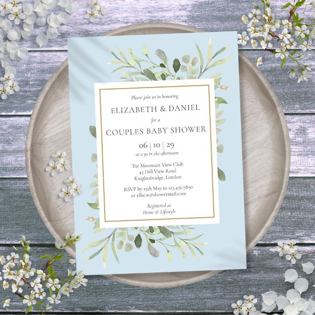 Convite Casais Chá de fraldas Azul Eucalyptus Greenery (Couples Baby Shower Blue Eucalyptus Greenery Invitation)