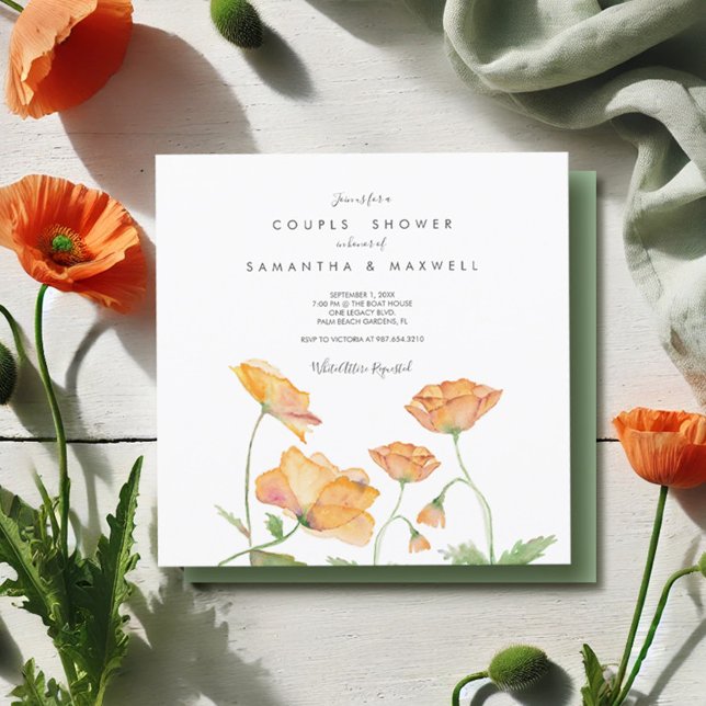 Convite Casais Chás Cápsulas de Aquarela Floral Laranja La (Couples shower invitations watercolor orange poppy flowers by Victoria Grigaliunas Do Tell A Belle)
