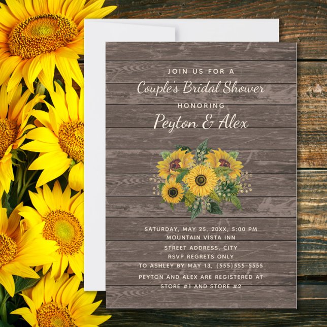 Convite Casais Chás de panela Madeira russa Girassóis (Sunflowers on rustic wood couples bridal shower invitation)