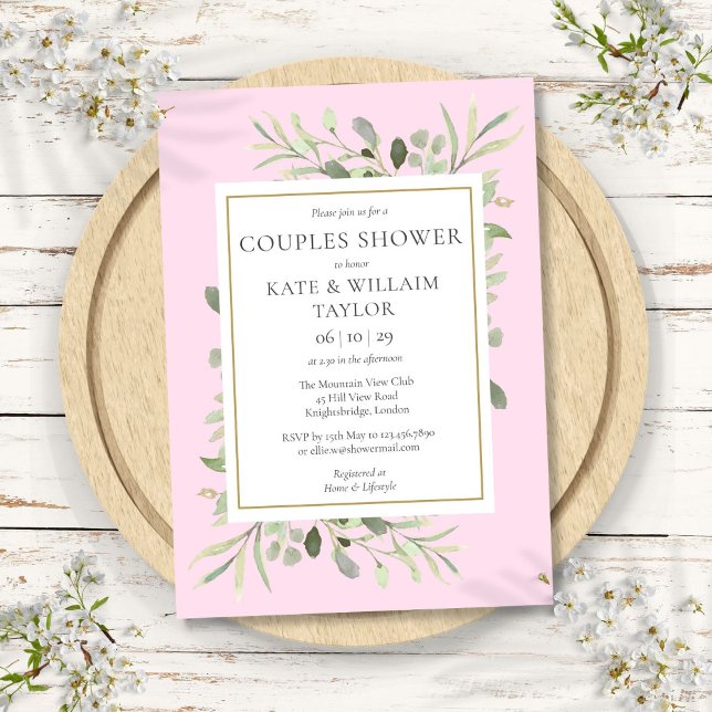 Convite Casais de água verde Chá de menina rosa (Watercolor Greenery Couples Pink Baby Girl Shower Invitation)
