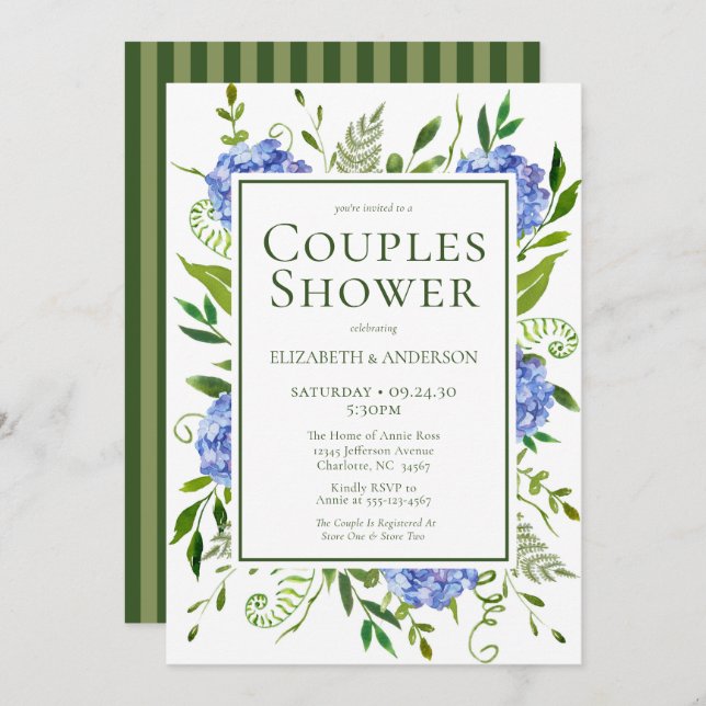 Convite Casais de Aquarela Azul Hydrangeas Florais Chá (Frente/Verso)