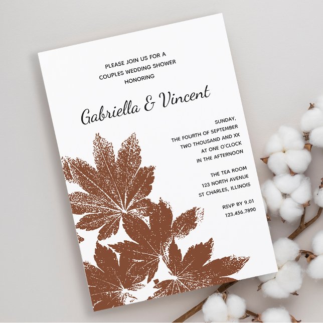 Convite Casais de Carimbo de Folha Castanha Chá de casamen (Fall in Love with this woodland Autumn leaves wedding shower invitation.)