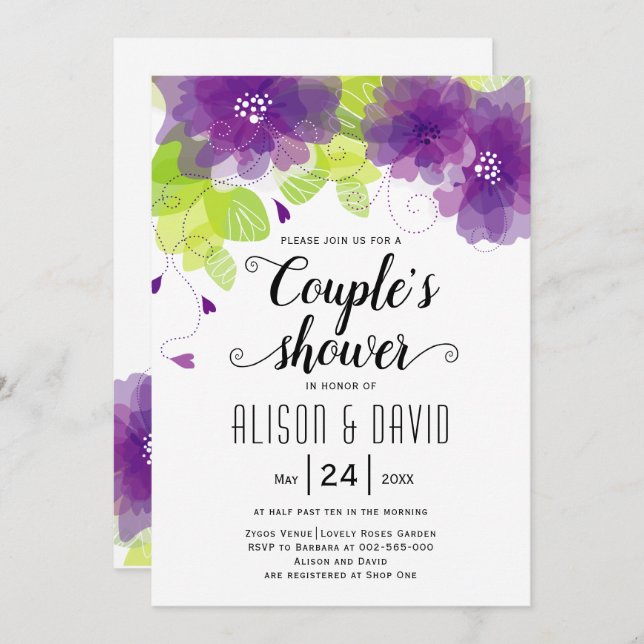 Convite Casais de casamento de flores etéreas roxas (Frente/Verso)