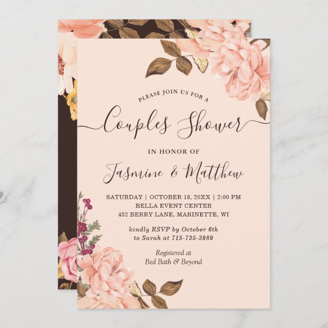 Convite Casais de Casamento Floral Victoria Blush Chá (Frente/Verso)