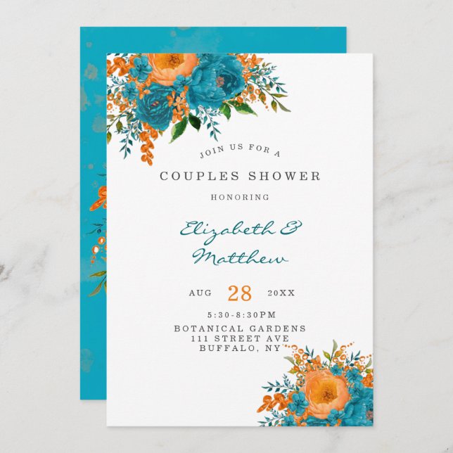 Convite Casais de Florais Pintados com Teal e Laranja Chá (Frente/Verso)