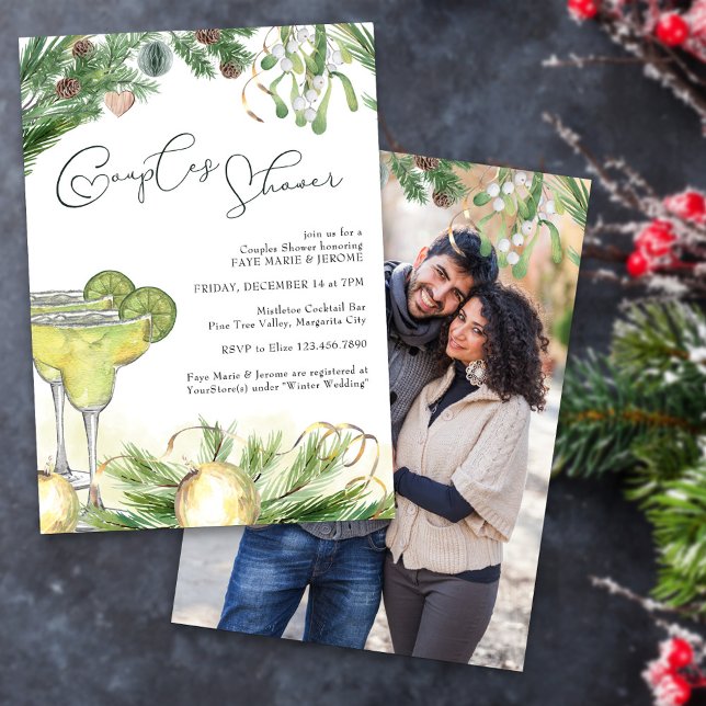 Convite Casais de inverno Chá Margarita Mistletoe Foto (Winter Couples Shower invitation with margarita cocktails, pine and mistletoe
)