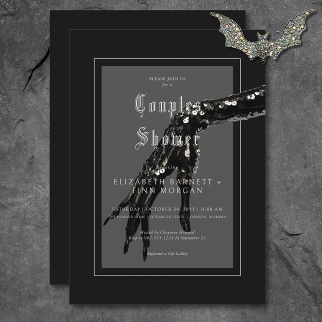 Convite Casais de Mão Preta Escuro para Sequência Preta Ch (Dark Gothic Black Sequin Hand Couples Shower Invitation)