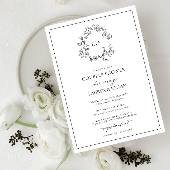 Convite Casais de Monograma de Folheto Branco Preto (Couples Shower Invitation!)