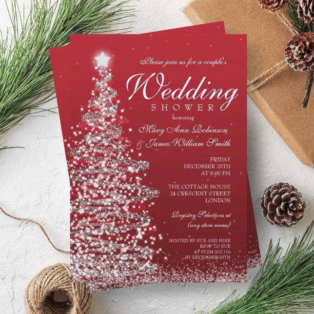 Convite Casais de Natal Chá Red Silver (Christmas Couples Shower Red Silver Invitation)
