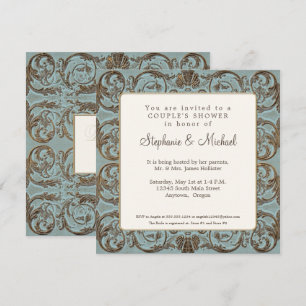 Convite Casais Elegantes Vintage Barroco Chá Azul no Dour