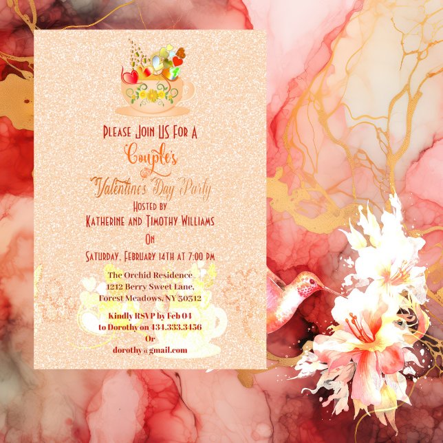 Convite Casais Flaoral Hearts Teacup Dia de os namorados P (Couples Floral Hearts Teacup Valentines Day Party Invitation)