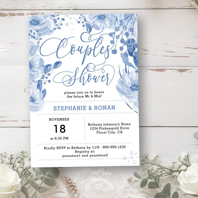 Convite Casais Florais Azuis Elegante Chá (Couples Shower Invitation from my Dusty Blue Watercolor Floral Bridal Shower)