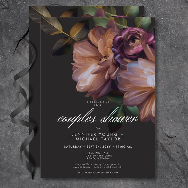 Convite Casais Florais Elegante Black Moody (Elegant Black Moody Floral Couples Shower Invitation)