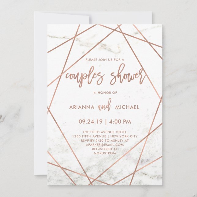 Convite Casais geométricos Dourados de mármore e Rosa (Frente)