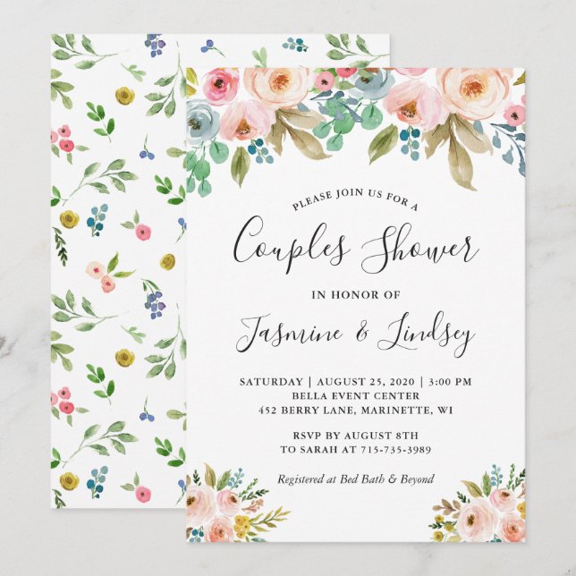 Convite Casais Sofisticados de Florais no Chá de Casamento (Frente/Verso)