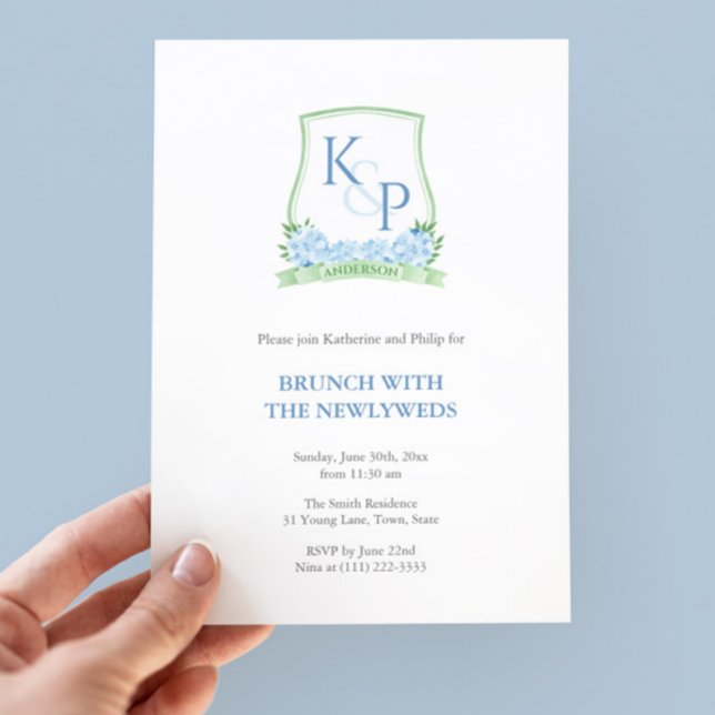 Convite Casais Verdes Clássicos Azuis Curvam RecentementeW (Botanical watercolor crest brunch with the newlyweds invitation in sap green and light blue)