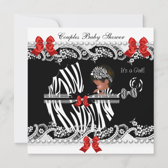 Convite Casal Afro-Americano Chá de Bebê Menina Zebra (Frente)