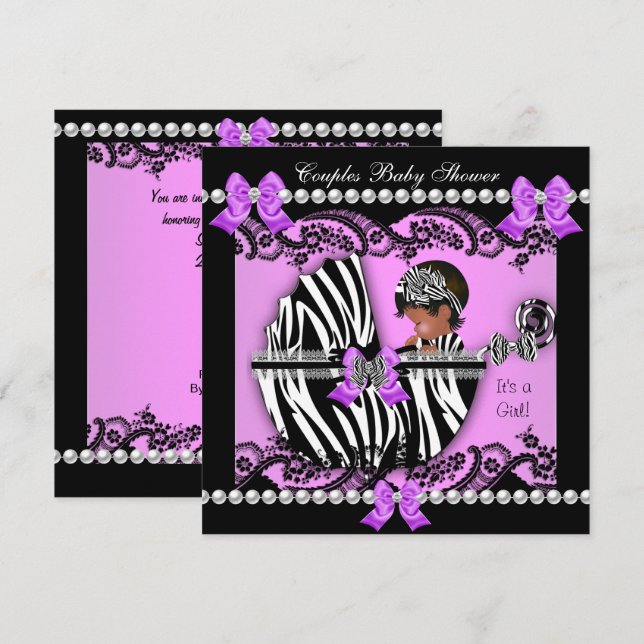 Convite Casal Afro-Americano Chá de Bebê Menina Zebra (Frente/Verso)