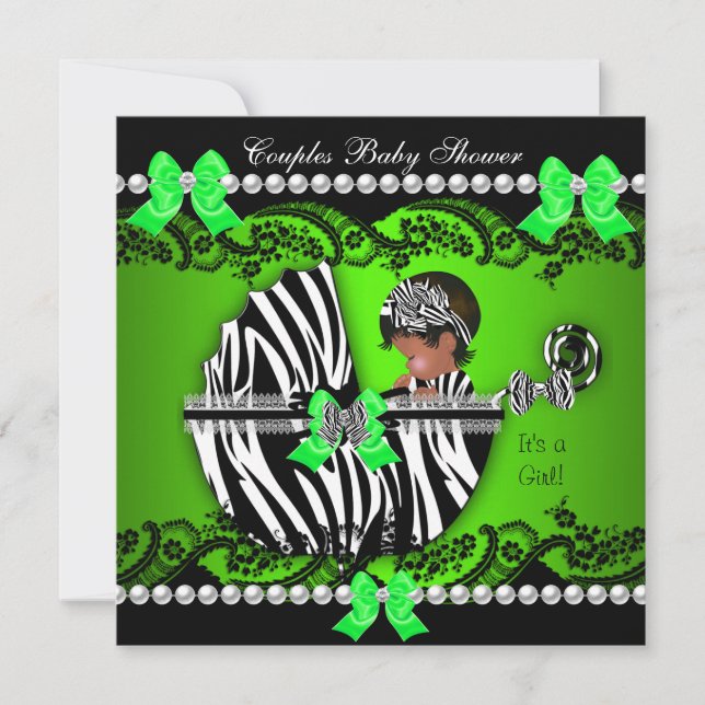 Convite Casal Afro-Americano Chá de Bebê Menina Zebra (Frente)