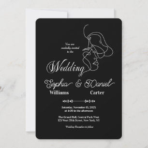 Convite Casal Artístico Chic de Casamento Negro e Branco d