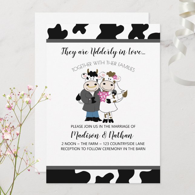 Convite Casal Bonito de Casamento de Vaca no Amor (Cute Cow Couple Wedding Invitation)