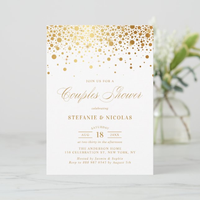 Convite Casal Branco Faux Gold Foil Confetti (Em pé/Frente)