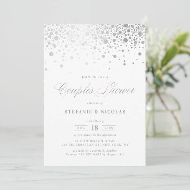 Convite Casal Branco Faux Silver Foil Confetti (Em pé/Frente)