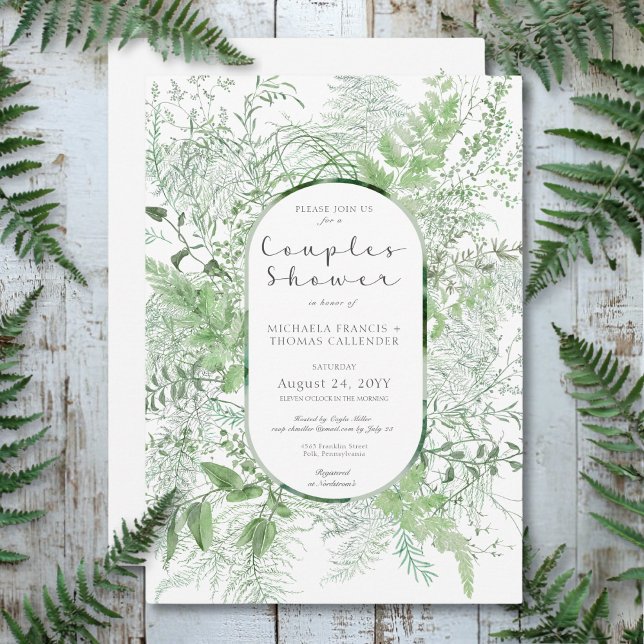 Convite Casal Branco Rustic Fern Green Foliage Chá (Rustic Fern Green Foliage White Couples Shower Invitation)