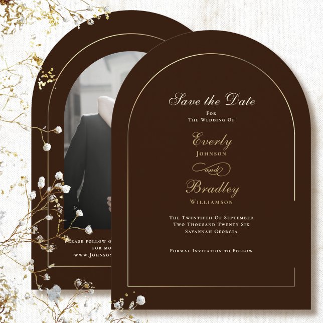Convite Casal Brown Gold Arch Champagne Salve a Data (Criador carregado)