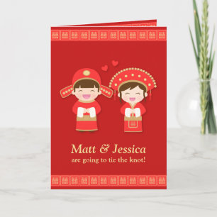 Convite Casal Chinês Tradicional Fofo Casamento Vermelho