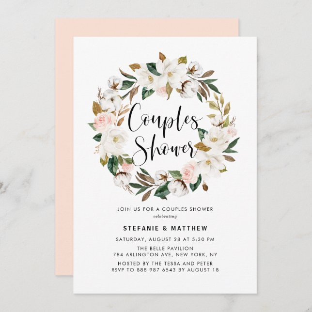 Convite Casal de água Magnolia Cotton Wreath Chá (Frente/Verso)