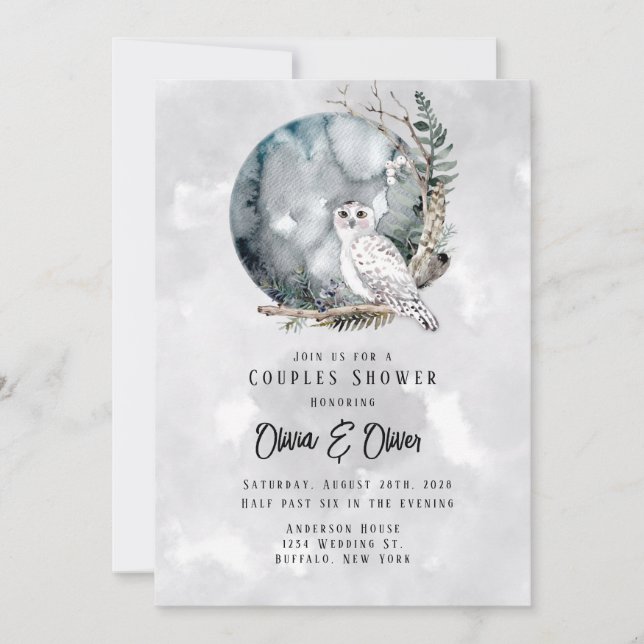 Convite Casal de Aquarela de Inverno Snow Owl Chá (Frente)