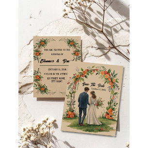 Convite Casal de Aquarela do Pomar de Laranja Cítrico Capr