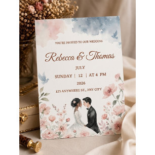 Convite Casal de Aquarela Romântica & Casamento Floral