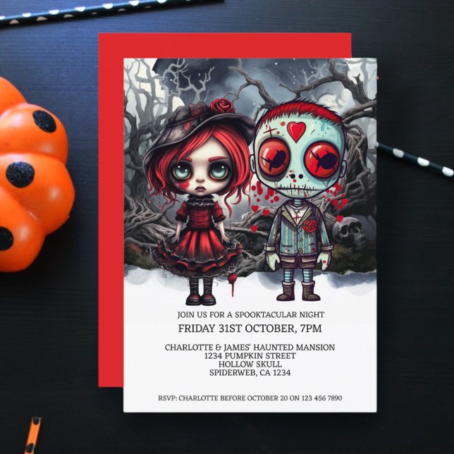 Convite Casal De Boneca Assustadora Do Halloween Em Woods (Halloween Scary Doll Couple In Woods Invitation from Ricaso. Cute but haunting toy dolls in forest.)