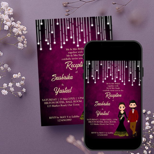 Convite Casal de brinquedura recepção de casamento indiana (Indian wedding reception cute bridal couple cartoon editable template invitation digital download)