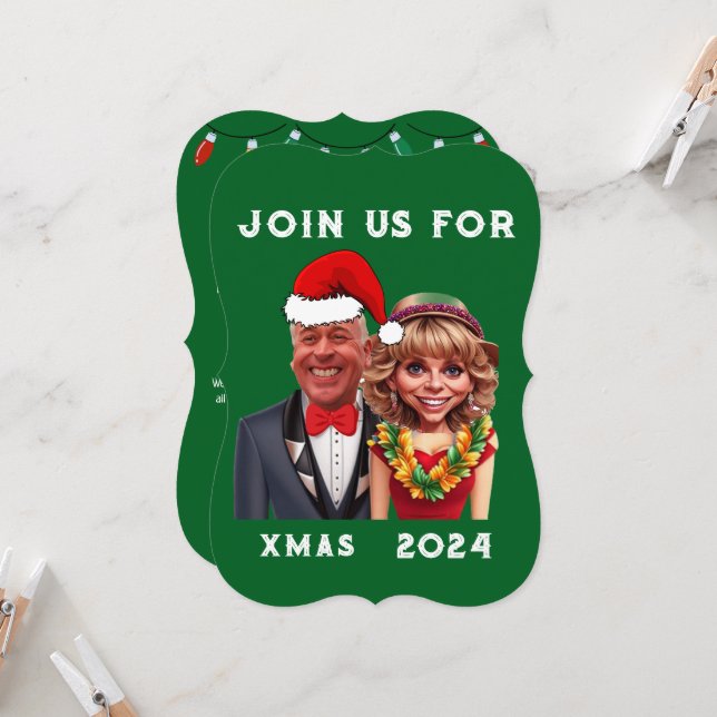 Convite Casal de Caricatura Verde Engraçado e Vermelho do  (Frente/Verso In Situ)