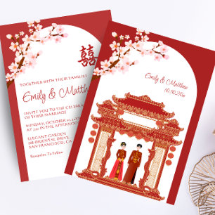 Convite Casal de casamento chinês vermelho templo flor de