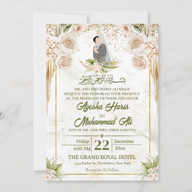 Convite Casal de Casamento Floral Islâmico/Muçulmano Verde (Frente)