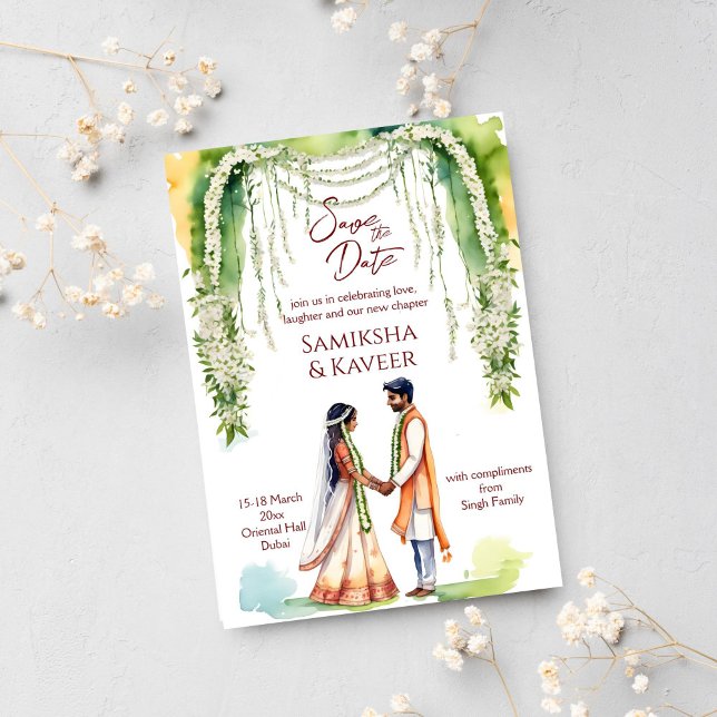Convite casal de casamento indiano salve a data sob jasmim (Indian wedding save the date template invitation instant download Indian bridal couple cartoon gajra)
