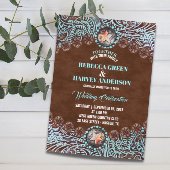 Convite casal de couros e peles castanhos turquesa (turquoise brown leather country western wedding invitation)