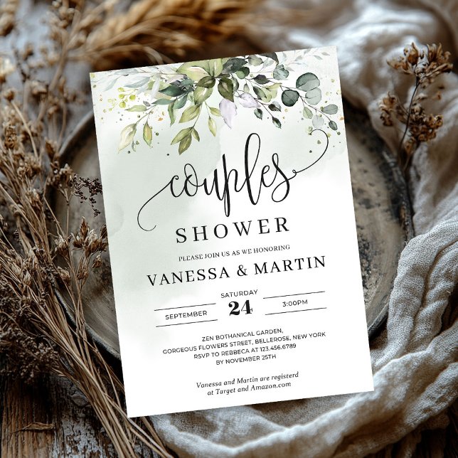 Convite Casal de eucalipto com folhagem verde-russa (Rustic greenery foliage eucalyptus couples shower invitation)