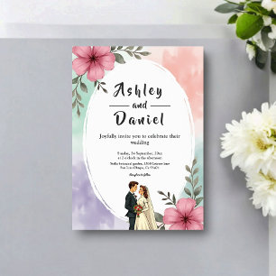 Convite Casal de Flores Rosa Aquarela Casamento Boho Verão