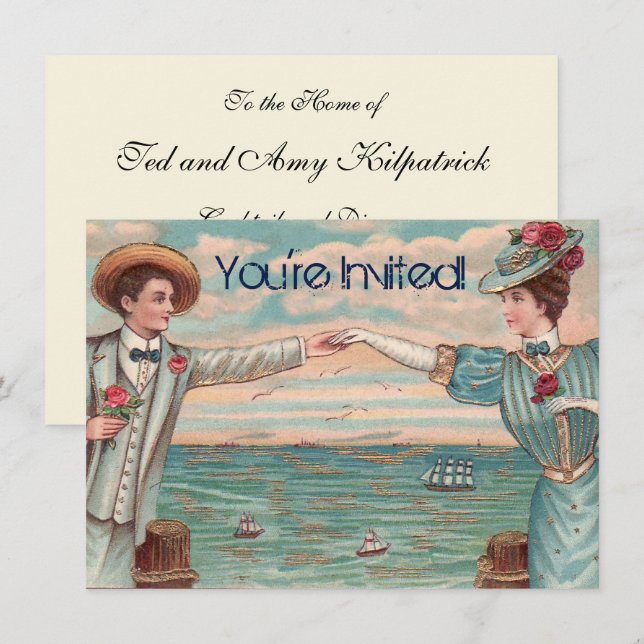 Convite Casal de Noiva de Praia Vitoriana Roupas de Oceano (Frente/Verso)