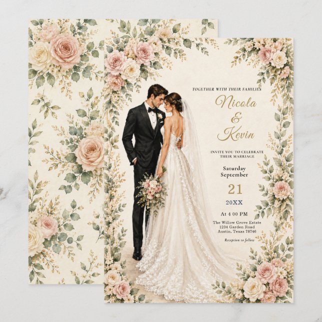 Convite Casal de Noiva Floral de Outono (Frente/Verso)