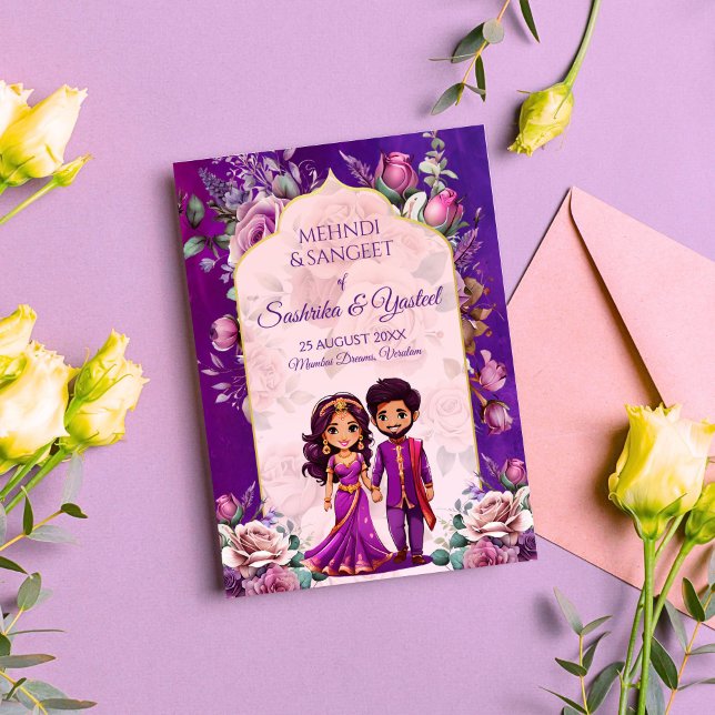 Convite Casal de noiva roxa Mehndi (Indian wedding Mehndi Sangeet purple cute bridal couple caricature Invitation template download)