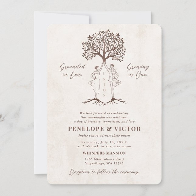 Convite Casal de Yoga União - Pose da Árvore com Mindfulne (Frente)