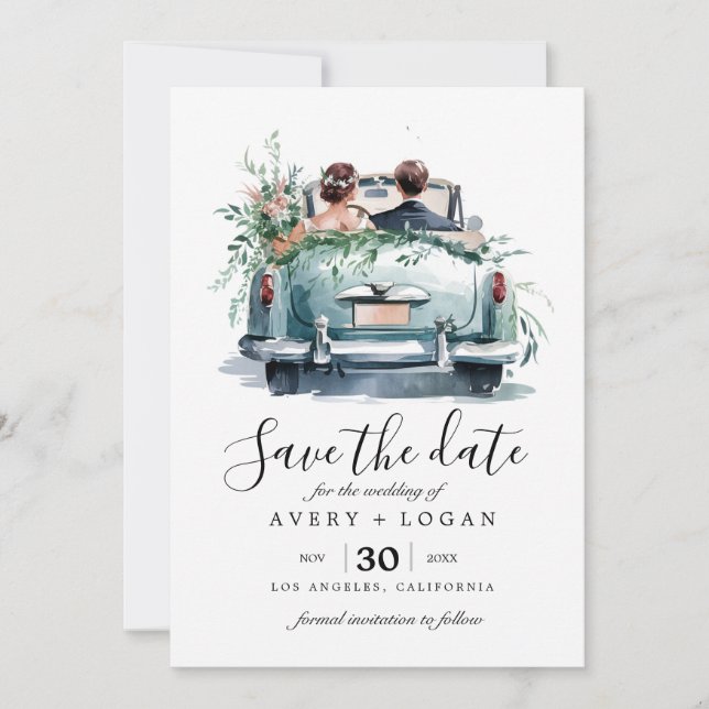 Convite casal em carro antigo aquarela save the date (Frente)
