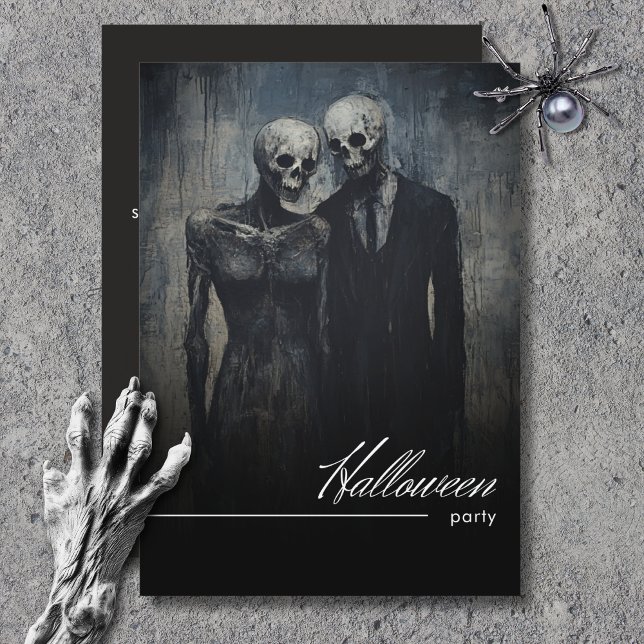 Convite Casal Escuro Festa de Halloween Preto e Branco (Dark Ghoulish Couple Black & White Halloween Party Invitation)
