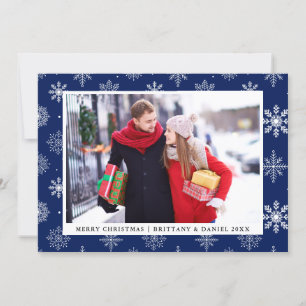 Convite Casal Feliz de Natal Foto Flocos de Neve Azul